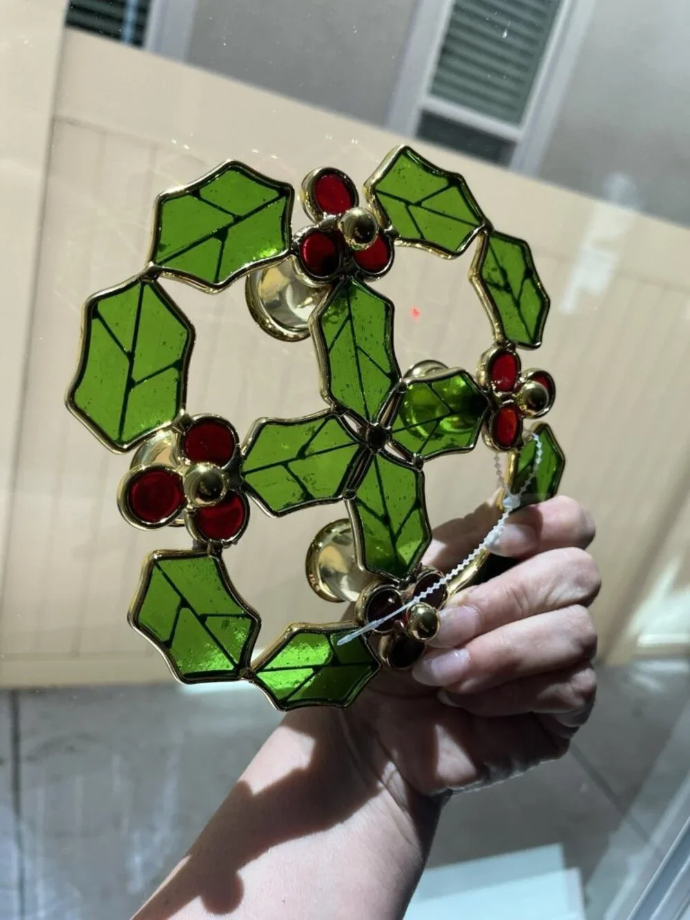 Leaded Stained Glass Holly & Berries Candle Holder Wreath Tabletop Christmas